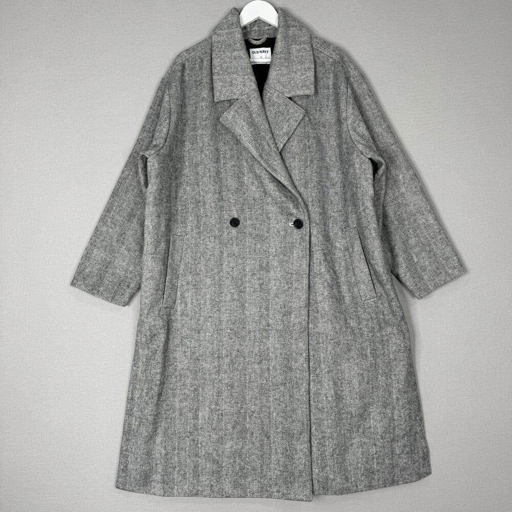 Old Navy Twill Double Breasted Coat Womens 2X Gray Long Slouchy Old Money Jacket